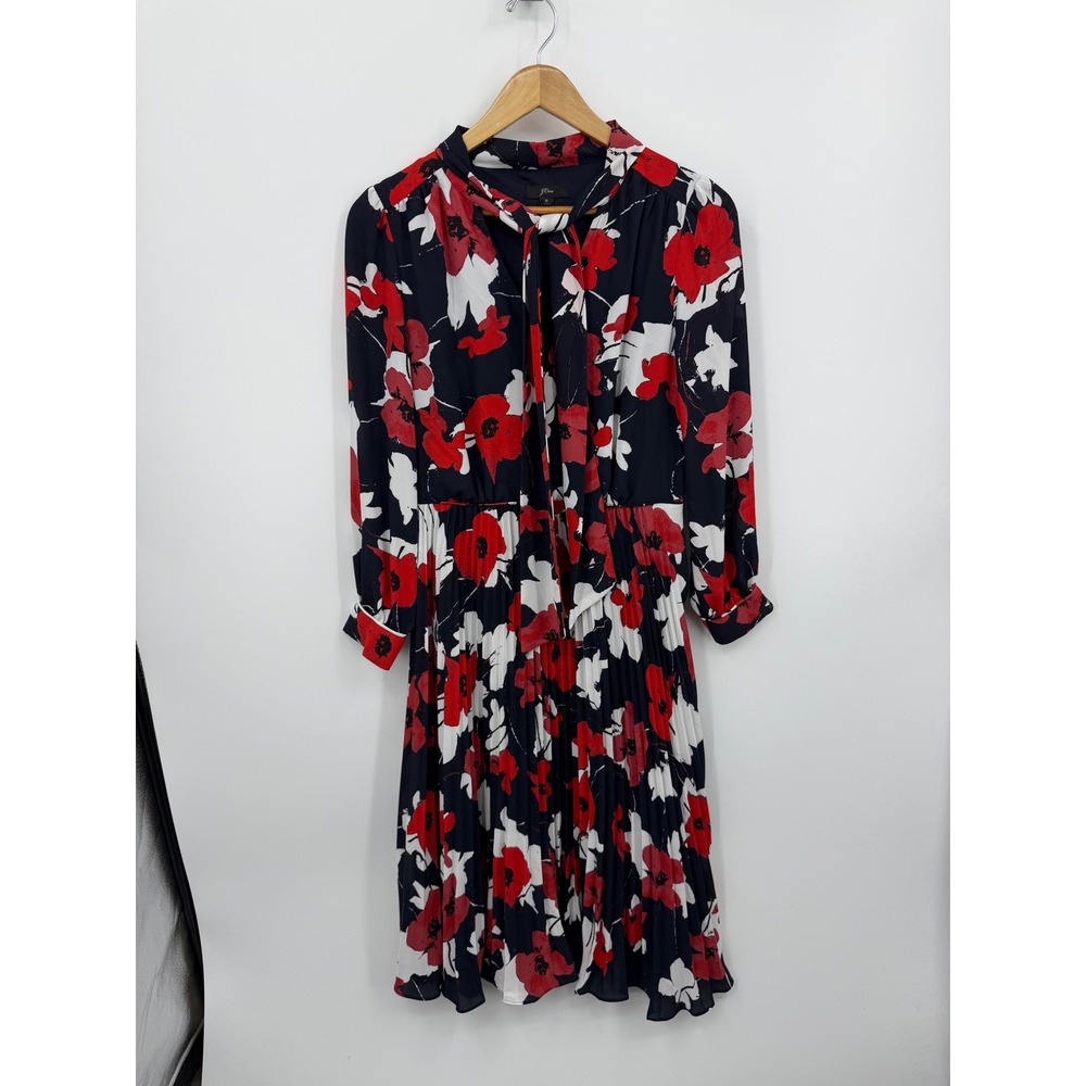 J.Crew Pleated Tie-Neck Dress sz 6 Navy Red Floral poppy Long Sleeve Midi‎ AG392